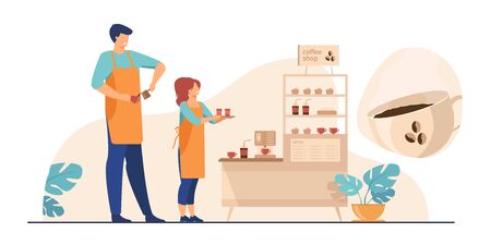 Baristas in coffee shop. Man and woman in aprons making coffee, offering takeaway cup at stand with machine and dessert. Vector illustration for coffee station, food and drink, cafe conceptのイラスト素材