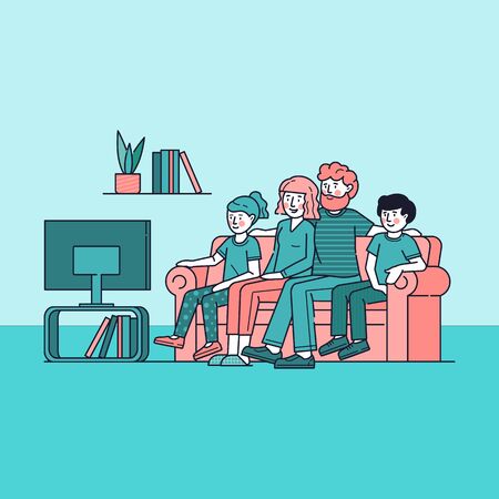 Happy family watching television together. People watch tv in living room flat vector illustration. Parents and children get entertainment, relax, watching show channel, movie, film sitting on couchのイラスト素材