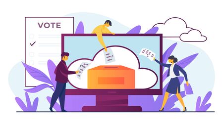 Online or electronic voting. Voters throwing forms into ballot box on monitor flat vector illustration. Election campaign, internet technology concept for banner, website design or landing web pageのイラスト素材