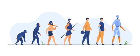 Human evolution from monkey to cyborg. Primate, ancestor, caveman, homo sapience, disabled man with prosthesis, robot. Vector illustration for anthropology, history, development conceptのイラスト素材