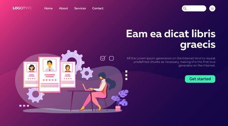 Recruit agent analyzing candidates. HR manager studying employees profiles on internet flat vector illustration. Rate, staff, human resource concept for banner, website design or landing web pageのイラスト素材