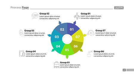 Six group donut chart slide template. Element of plan, strategy, chart. Concept for presentation, templates, annual report. Can be used for topics like business, trade, shoppingの写真素材