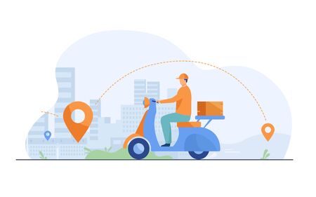 Courier shipping package at moped flat vector illustration. Cartoon service man delivering parcel and using GPS navigation. Order and express delivery concept.のイラスト素材