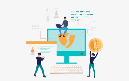 Hackers stealing personal data and money. Cartoon criminals carrying ID card and money. Hacker...