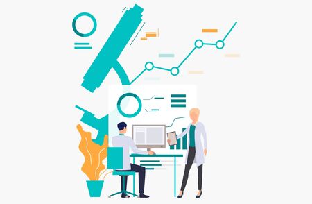 Male and female medics examining scientific data vector illustration. Scientific research, analysis, laboratory. Science concept. Creative design for layouts, web pages, bannersのイラスト素材