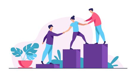 Employees giving hands and helping colleagues to walk upstairs. Team giving support, growing together. Vector illustration for teamwork, mentorship, cooperation conceptのイラスト素材