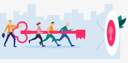 Businesspeople carrying key to unlock keyhole. Target, goal, team concept. Vector illustration can be used for topics like business, management, teamworkのイラスト素材