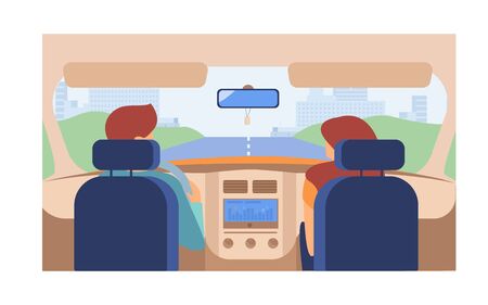 Couple riding vehicle. Back view of driver and passenger inside car interior. View from backseat. Vector illustration for driving, transportation, automobile, traffic conceptのイラスト素材
