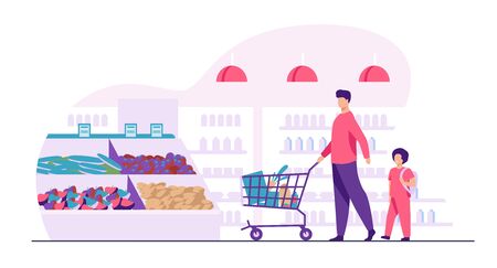 Father and son buying food in supermarket. Young man and boy wheeling shopping cart with food along aisles in grocery store. Vector illustration for market, retail, shoppers, customers conceptのイラスト素材