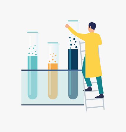 Scientist examining test tubes. Science laboratory, clinical lab, experiments. Research concept. Vector illustration for webpage, landing pageのイラスト素材