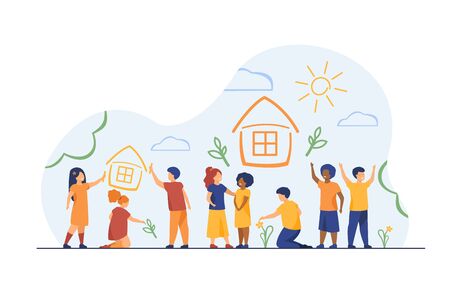 Children drawing home with crayons. Multiracial group of kids painting multicolored pictures. Vector illustration for childhood, imagination, creativity conceptのイラスト素材