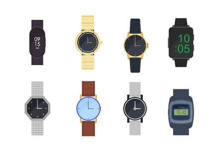 Wrist watches set. Digital clocks, bracelets, wristwatches for men and women. Vector illustration for time management, fashion, accessory, style conceptのイラスト素材
