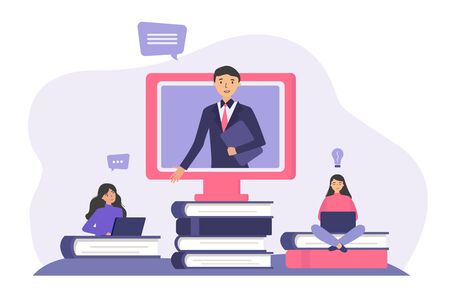 Students studying online, listening to teacher, watching webinar. College girls sitting on books near computer. Vector illustration for education, learning, technology, lecture conceptのイラスト素材