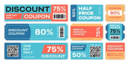 Special offers promo vouchers templates set. Colorful coupons with text and percentage discount. Vector illustration for sale, retail, half price conceptのイラスト素材