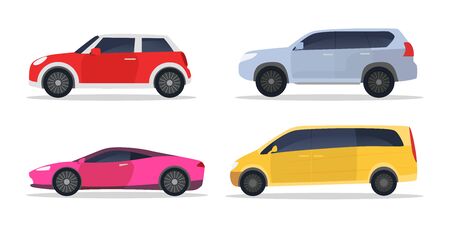 City cars set. Hatchback, sport car, minivan, suv, side view. Vector illustration for automobile, transportation, vehicle conceptのイラスト素材