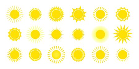 Yellow sun flat icon collection. Sun round shapes vector illustration set. Summer and warm day conceptの写真素材