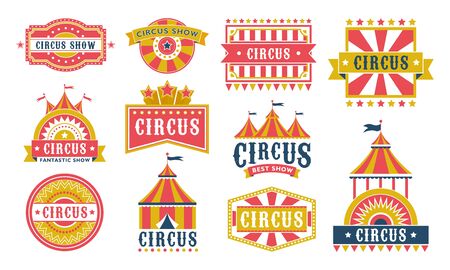 Circus labels flat icon collection. Retro posters and banners for circus show vector illustration set. Entertainment and event festival conceptの写真素材