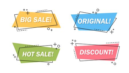 Sale letterings set. Colorful irregular shapes with big sale, discount text, labels or stickers design. Vector illustration for helpful special offer, promo campaign, clearance conceptの写真素材