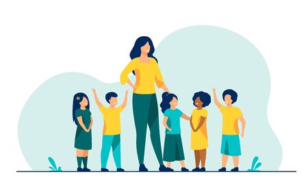 Group of pupils with female school teacher. Diverse children standing by young woman. Vector illustration for pedagogy, kindergarten, education conceptの写真素材