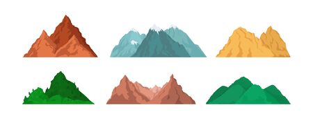 Mountain peaks set. Snow-caped, chains, rocky mountain landscape, green hills, glacier, top. Vector illustration for adventure travel, trekking, hiking, camping conceptの写真素材