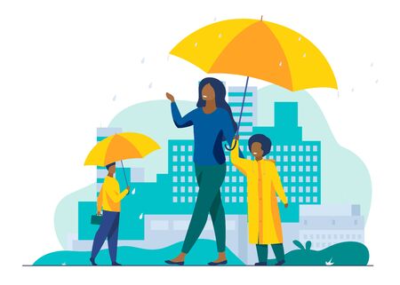 People walking during rain on street colorful flat vector illustration. Mother with child in raincoat walking under red umbrella. Cityscape with skyscrapers and other buildings on backgroundの写真素材