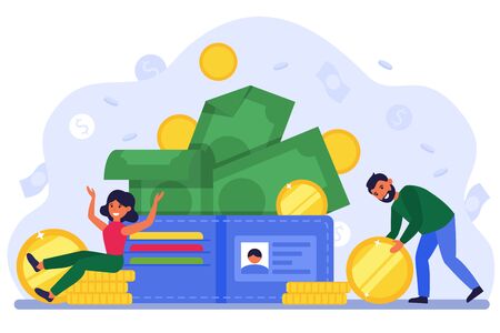 Tiny man and woman with big open wallet flat vector illustration. Happy isolated cartoon characters getting salary and stack of coins. Budget and credit conceptの写真素材