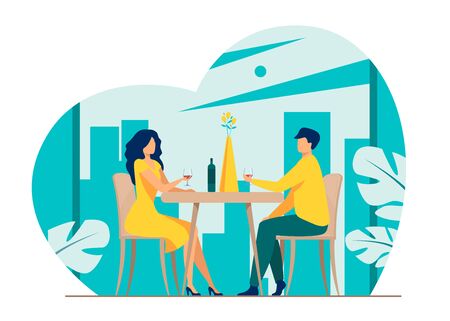 Dating couple enjoying romantic dinner. Young man and woman sitting at restaurant table, drinking wine. Vector illustration for relationship, love, anniversary conceptの写真素材