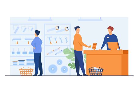 Tool shop customers. Men choosing instrument at showcase for painting or carpentry work, paying at checkout counter, consulting salesman. Vector illustration for hardware store, house repair conceptのイラスト素材