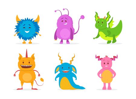Cute funny monsters set. Cartoon troll, gremlin, alien, happy cool creatures with horns. Vector illustration for Halloween party, comic books for kids conceptのイラスト素材