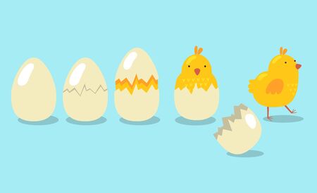 Baby chick hatching stages set. Cracked egg, yellow little bird, Easter chicken. Flat vector...