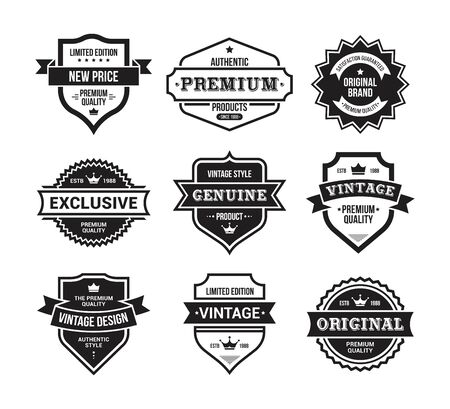 Retro style flat badges set. Vintage shield emblems, exclusive design labels and ribbon logo isolated vector illustration collection. Premium quality and limited edition conceptのイラスト素材