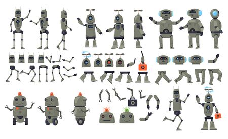 Robot cartoon characters set. Android, humanoid, cyborg, parts, arms. Flat vector illustrations for artificial intelligence, electronic machine learning, robotics conceptのイラスト素材