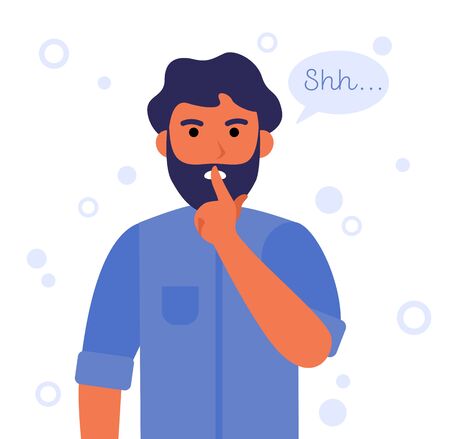 Shh man flat vector illustration. Cartoon serious man holding hand near mouth silence gesture. Business secret and please keep quiet conceptのイラスト素材