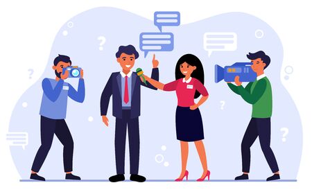 Journalist conducting interview with man flat vector illustration. Cartoon character with microphone, operator and paparazzi. Conversation and media conceptのイラスト素材