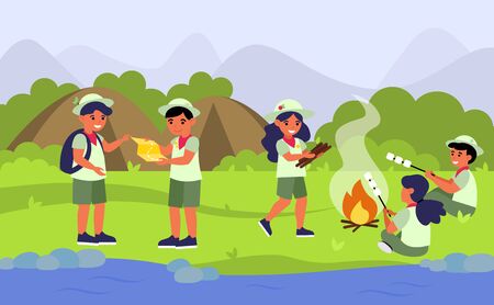 Scouts in camping flat vector illustration. Cartoon children or kids at fire in forest, mountain or jungle near river. Adventure and summer conceptのイラスト素材