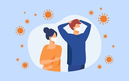 People feeling anxiety and panic about coronavirus outbreak. Man and woman wearing face masks, protecting from virus. Flat vector illustration for epidemic, pandemic, society conceptのイラスト素材