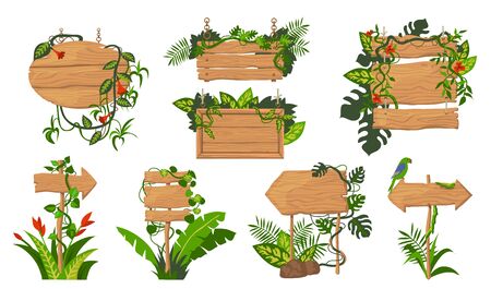 Jungle wooden boards flat icon set. Cartoon game pointers and info labels with tropical lianas and plants isolated vector illustration collection. Wood panels and information tables conceptのイラスト素材
