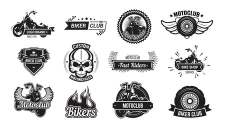 Motorcycle riders club emblem set. Monochrome logo templates with fast sport motor bikes, skull, wheels, wings. Flat vector illustration for biker club, races, repair garage, motorbike shop conceptsのイラスト素材