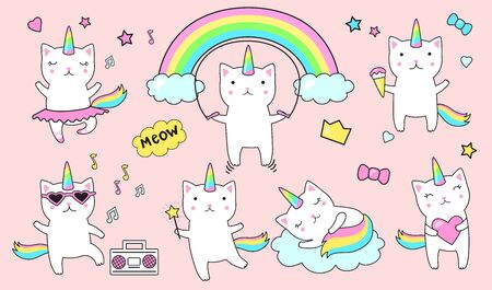 Cute unicorn cats flat icon set. Cartoon funny kitty character with clouds and rainbows isolated vector illustration collection. Animal and kids doodle stickers conceptのイラスト素材