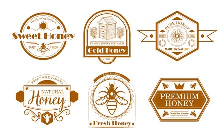 Bee farm labels set. Honey production monochrome logos, sign, with letterings. Flat vector illustration for natural honey, farming, beekeeping conceptsのイラスト素材