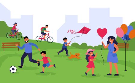 Leisure time outdoors and togetherness concept. Mothers, fathers and kids enjoying outdoor activities. Happy active families spending weekend together in city park, playing soccer, flying kiteのイラスト素材