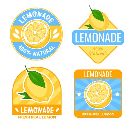 Lemonade badges design set. Labels with lemon fruit and text. Flat vector illustration for tags and stickers template, fresh natural juice or summer drink conceptsのイラスト素材