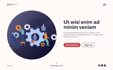 Business team working on cogwheel mechanism together. People carrying gears, using laptops . Vector illustration for teamwork, technology, solution, engineering conceptのイラスト素材