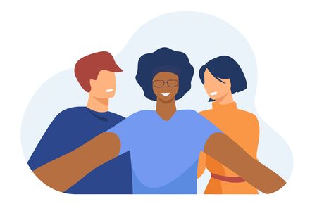 Happy diverse young people taking group selfie on mobile phone camera, standing together and smiling. Flat vector illustration for friendship, photo, self portrait conceptのイラスト素材