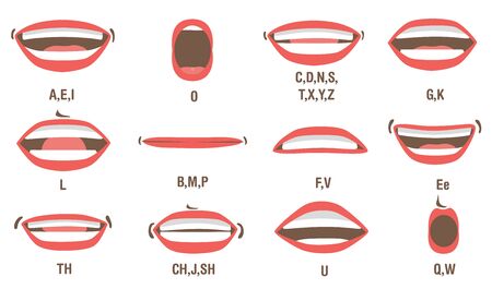 Mouth animation set. Lip sync, speaking mouth of cartoon character pronouncing sounds. Flat vector illustration for speaking articulation, English language studying conceptのイラスト素材
