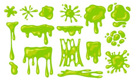 Slime splashes set. Green blobs of mucus or goo. Flat vector illustration, liquid abstract shapes isolated on white backgroundのイラスト素材