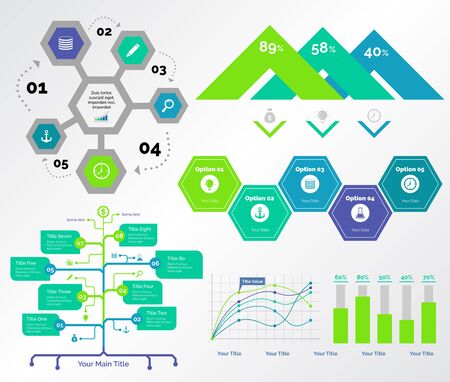 Infographic design set can be used for workflow layout, diagram, annual report, presentation, web design. Business and consulting concept with process, flow, line, bar and percentage charts.の写真素材