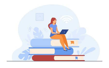 Online courses and student concept. Woman sitting on stack of book and using laptop for studying in internet. Flat vector illustration for distance learning, knowledge, school topicsのイラスト素材