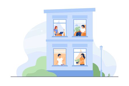 Building exterior with open windows and people inside their apartment. Neighbor women greeting each other, using laptops, reading book. Vector illustration for staying at home, leisure conceptのイラスト素材