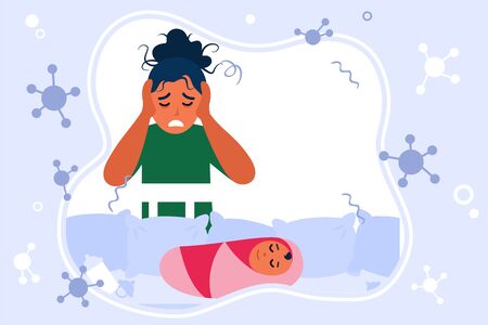 Mother suffering from post natal depression in isolation. Woman having headache while baby sleeping flat vector illustration. Maternal problems concept for banner, website design or landing web pageのイラスト素材